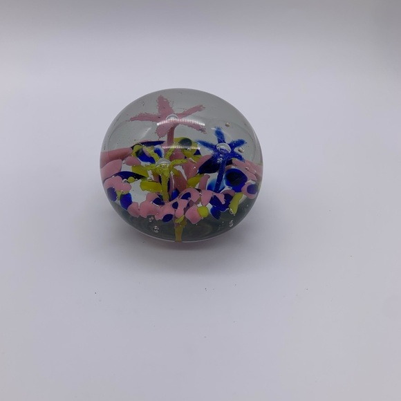 Stunning Vtg. Cobalt Blue Pink & Yellow Flowered Art Glass PAPERWEIGHT 3” - Picture 8 of 14